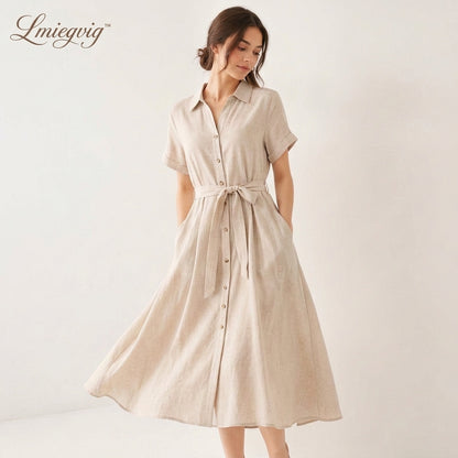 Lmieqvig™ Women's Linen-Blend Midi Dress – Short Sleeve Button Front A-Line Casual Summer Dress with Pockets