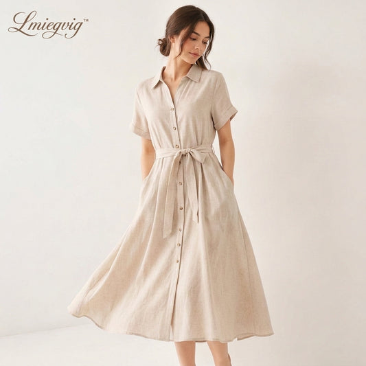Lmieqvig™ Women's Linen-Blend Midi Dress – Short Sleeve Button Front A-Line Casual Summer Dress with Pockets