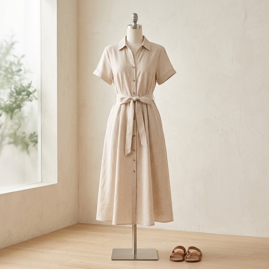 Lmieqvig™ Women's Linen-Blend Midi Dress – Short Sleeve Button Front A-Line Casual Summer Dress with Pockets