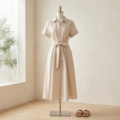 Lmieqvig™ Women's Linen-Blend Midi Dress – Short Sleeve Button Front A-Line Casual Summer Dress with Pockets