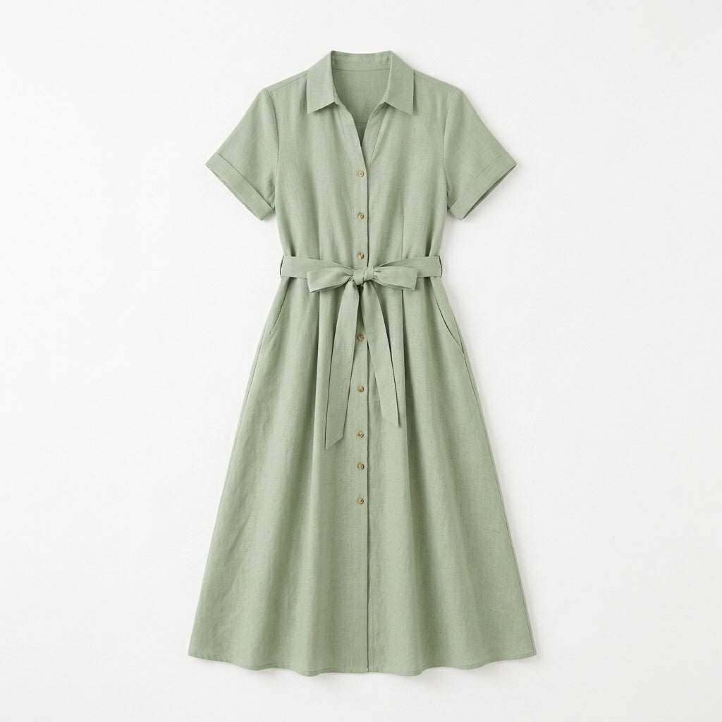 Lmieqvig™ Women's Linen-Blend Midi Dress – Short Sleeve Button Front A-Line Casual Summer Dress with Pockets