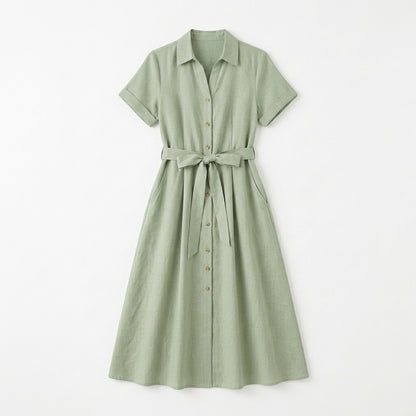 Lmieqvig™ Women's Linen-Blend Midi Dress – Short Sleeve Button Front A-Line Casual Summer Dress with Pockets