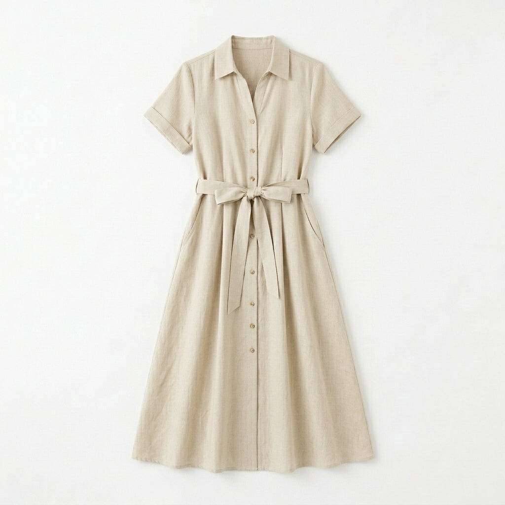 Lmieqvig™ Women's Linen-Blend Midi Dress – Short Sleeve Button Front A-Line Casual Summer Dress with Pockets