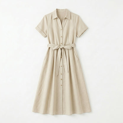 Lmieqvig™ Women's Linen-Blend Midi Dress – Short Sleeve Button Front A-Line Casual Summer Dress with Pockets