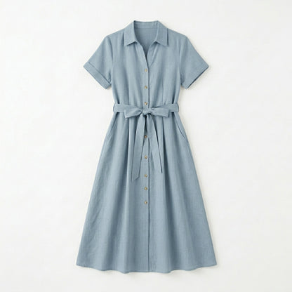 Lmieqvig™ Women's Linen-Blend Midi Dress – Short Sleeve Button Front A-Line Casual Summer Dress with Pockets
