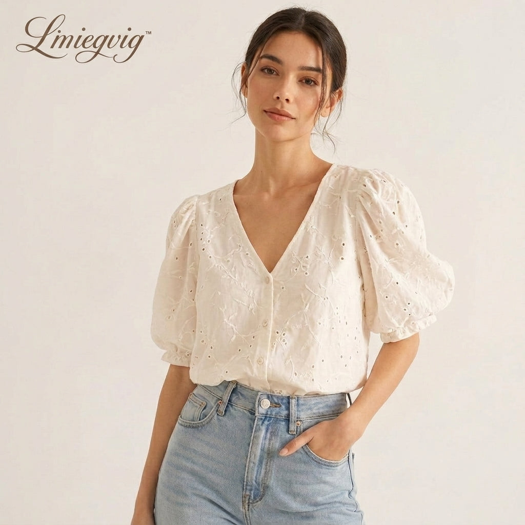 Lmieqvig™ Women's Puff Sleeve Blouse – V-Neck Textured Button Front Casual Feminine Summer Top