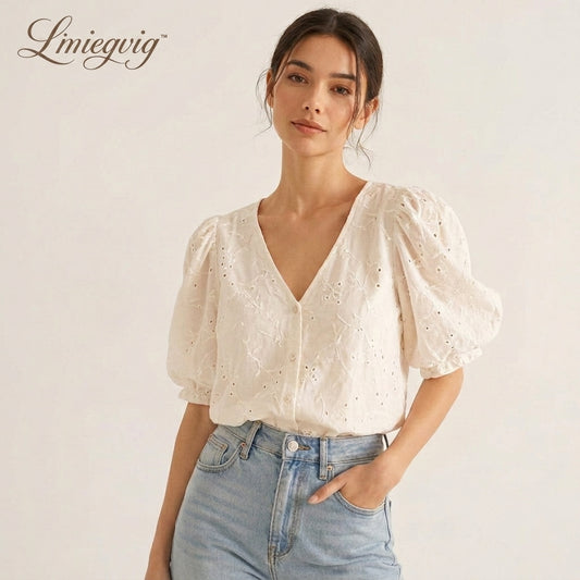 Lmieqvig™ Women's Puff Sleeve Blouse – V-Neck Textured Button Front Casual Feminine Summer Top