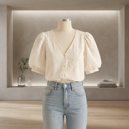 Lmieqvig™ Women's Puff Sleeve Blouse – V-Neck Textured Button Front Casual Feminine Summer Top