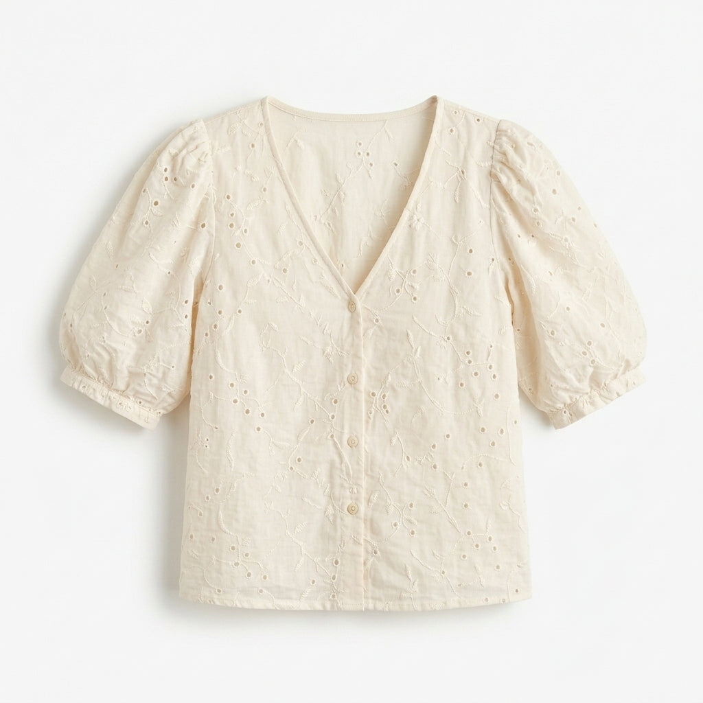 Lmieqvig™ Women's Puff Sleeve Blouse – V-Neck Textured Button Front Casual Feminine Summer Top
