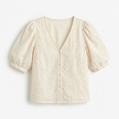 Lmieqvig™ Women's Puff Sleeve Blouse – V-Neck Textured Button Front Casual Feminine Summer Top
