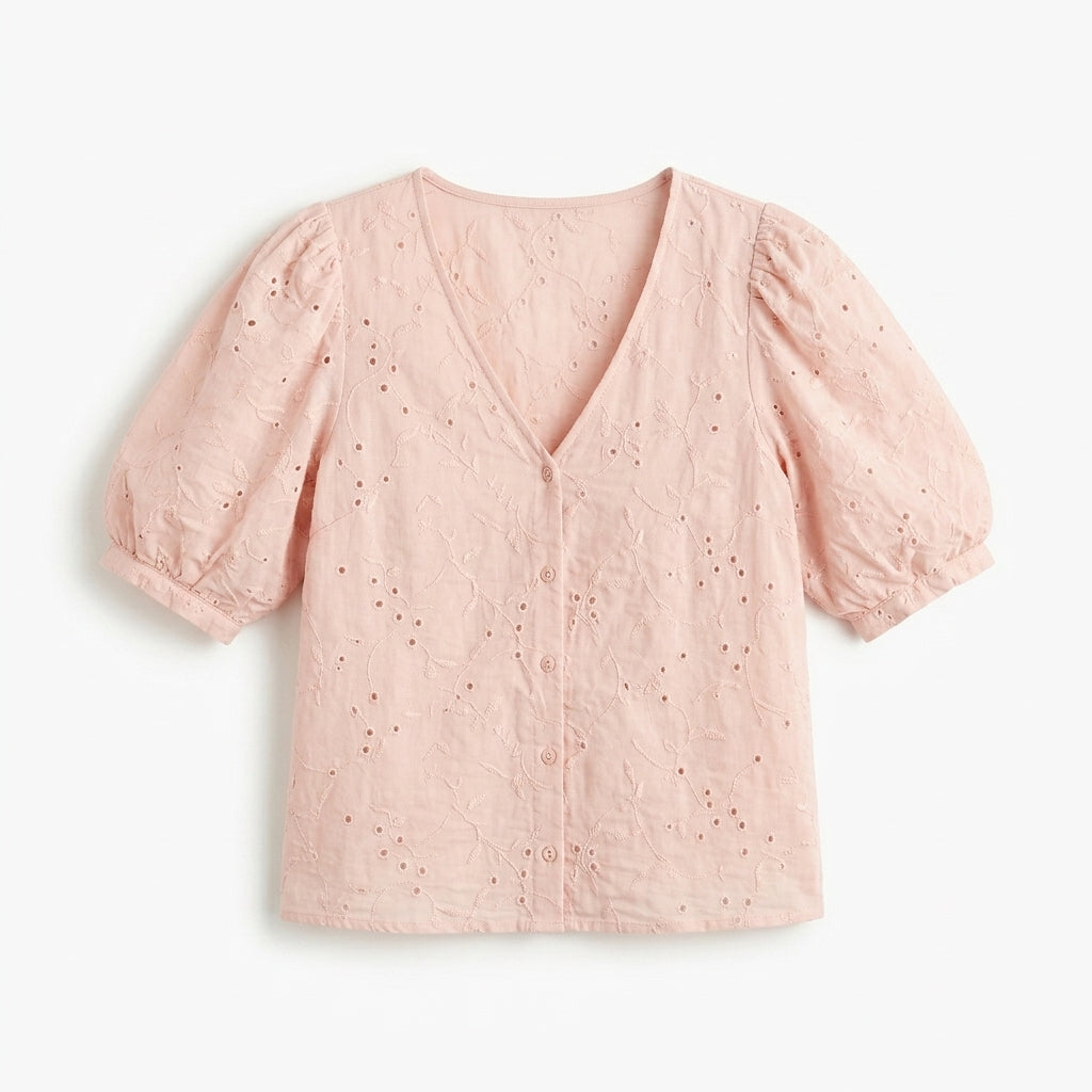 Lmieqvig™ Women's Puff Sleeve Blouse – V-Neck Textured Button Front Casual Feminine Summer Top