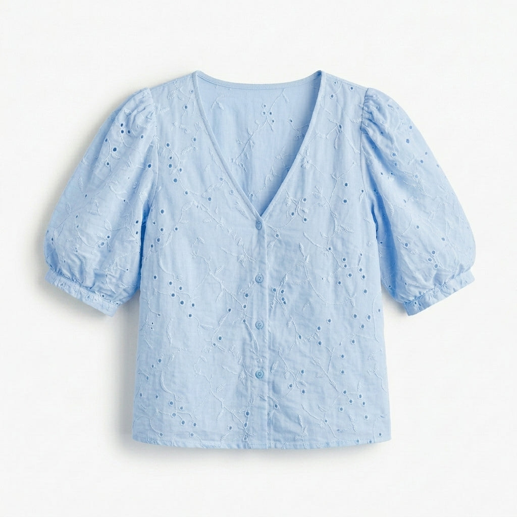 Lmieqvig™ Women's Puff Sleeve Blouse – V-Neck Textured Button Front Casual Feminine Summer Top