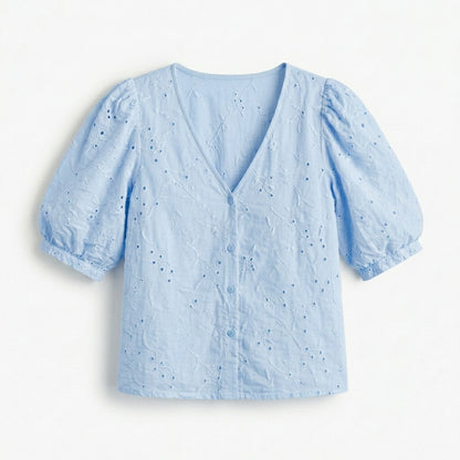 Lmieqvig™ Women's Puff Sleeve Blouse – V-Neck Textured Button Front Casual Feminine Summer Top