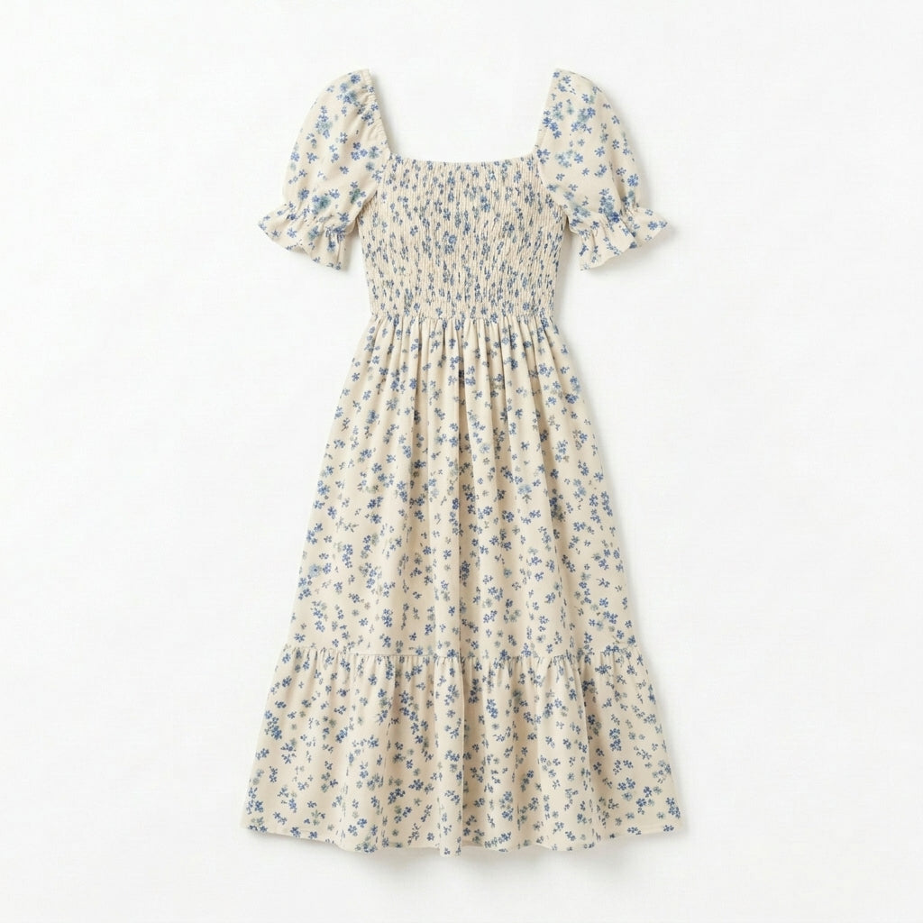 Lmieqvig™ Women's Floral Smocked Midi Dress – Square Neck Short Sleeve Fit & Flare Summer Sundress