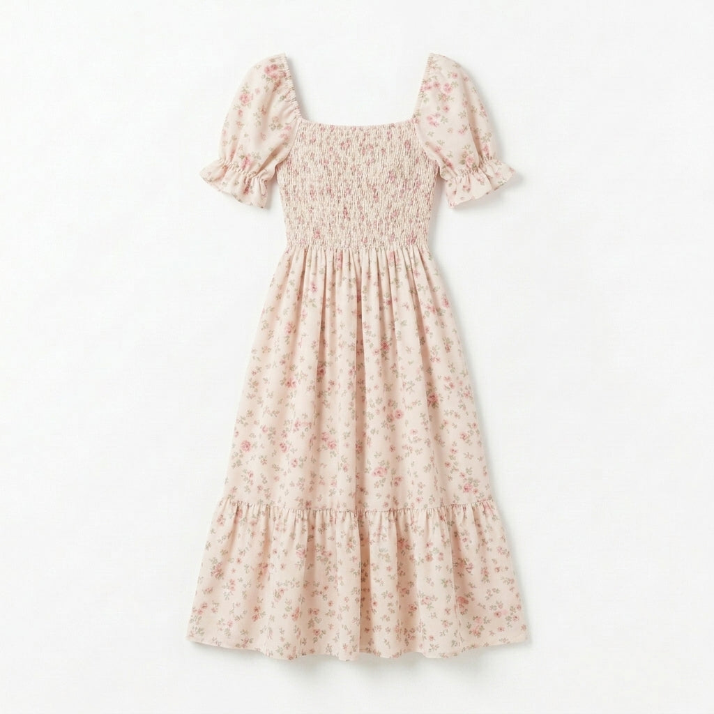 Lmieqvig™ Women's Floral Smocked Midi Dress – Square Neck Short Sleeve Fit & Flare Summer Sundress
