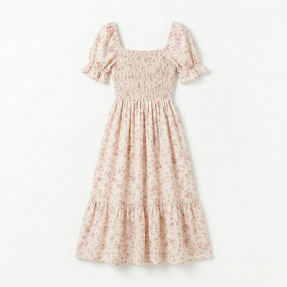 Lmieqvig™ Women's Floral Smocked Midi Dress – Square Neck Short Sleeve Fit & Flare Summer Sundress