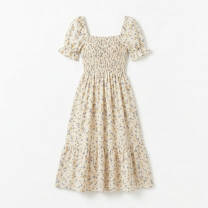 Lmieqvig™ Women's Floral Smocked Midi Dress – Square Neck Short Sleeve Fit & Flare Summer Sundress