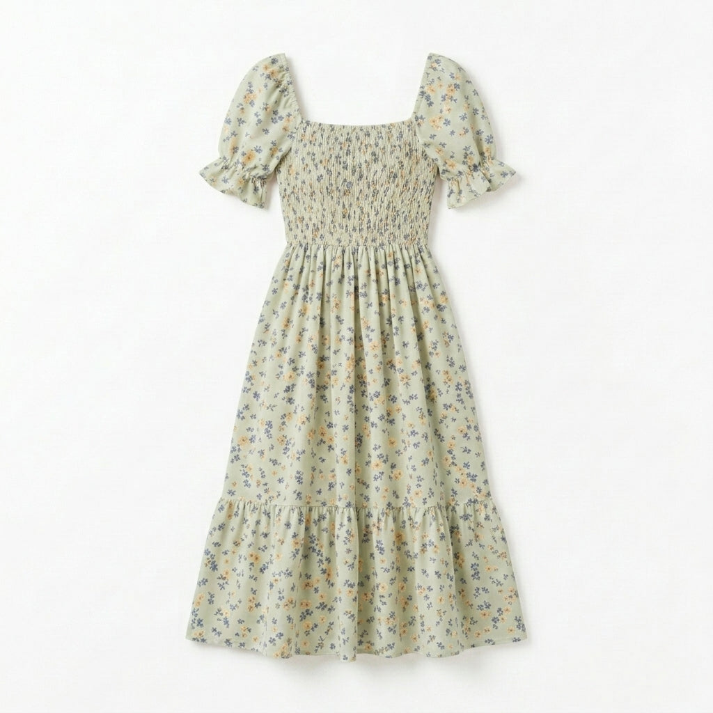 Lmieqvig™ Women's Floral Smocked Midi Dress – Square Neck Short Sleeve Fit & Flare Summer Sundress