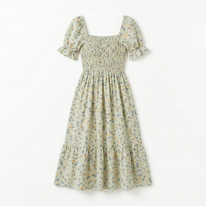 Lmieqvig™ Women's Floral Smocked Midi Dress – Square Neck Short Sleeve Fit & Flare Summer Sundress