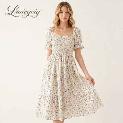 Lmieqvig™ Women's Floral Smocked Midi Dress – Square Neck Short Sleeve Fit & Flare Summer Sundress