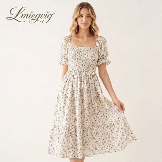 Lmieqvig™ Women's Floral Smocked Midi Dress – Square Neck Short Sleeve Fit & Flare Summer Sundress