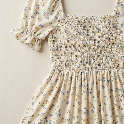 Lmieqvig™ Women's Floral Smocked Midi Dress – Square Neck Short Sleeve Fit & Flare Summer Sundress