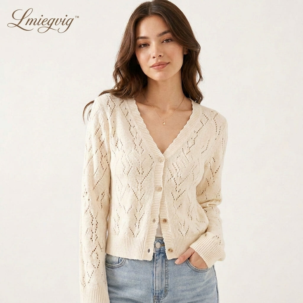 Lmieqvig™ Women's Lightweight Pointelle Cardigan – Button Front Soft Knit Long Sleeve Feminine Sweater
