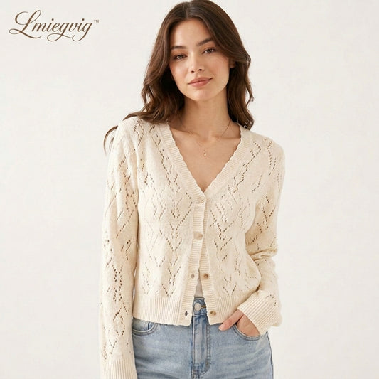 Lmieqvig™ Women's Lightweight Pointelle Cardigan – Button Front Soft Knit Long Sleeve Feminine Sweater