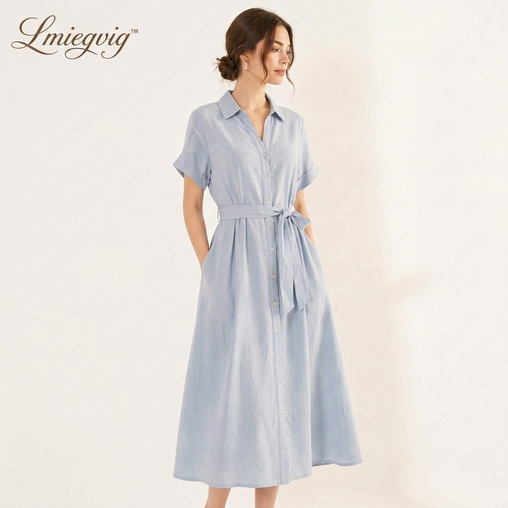 Lmieqvig™ Women's Belted Midi Shirt Dress – Collared Button Down Short Sleeve Casual A-Line Dress