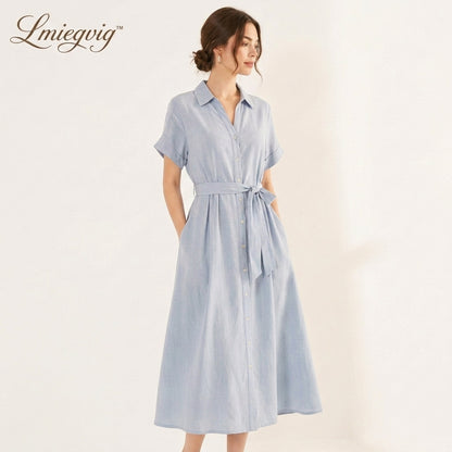 Lmieqvig™ Women's Belted Midi Shirt Dress – Collared Button Down Short Sleeve Casual A-Line Dress