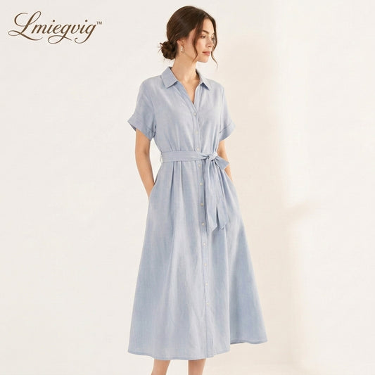 Lmieqvig™ Women's Belted Midi Shirt Dress – Collared Button Down Short Sleeve Casual A-Line Dress