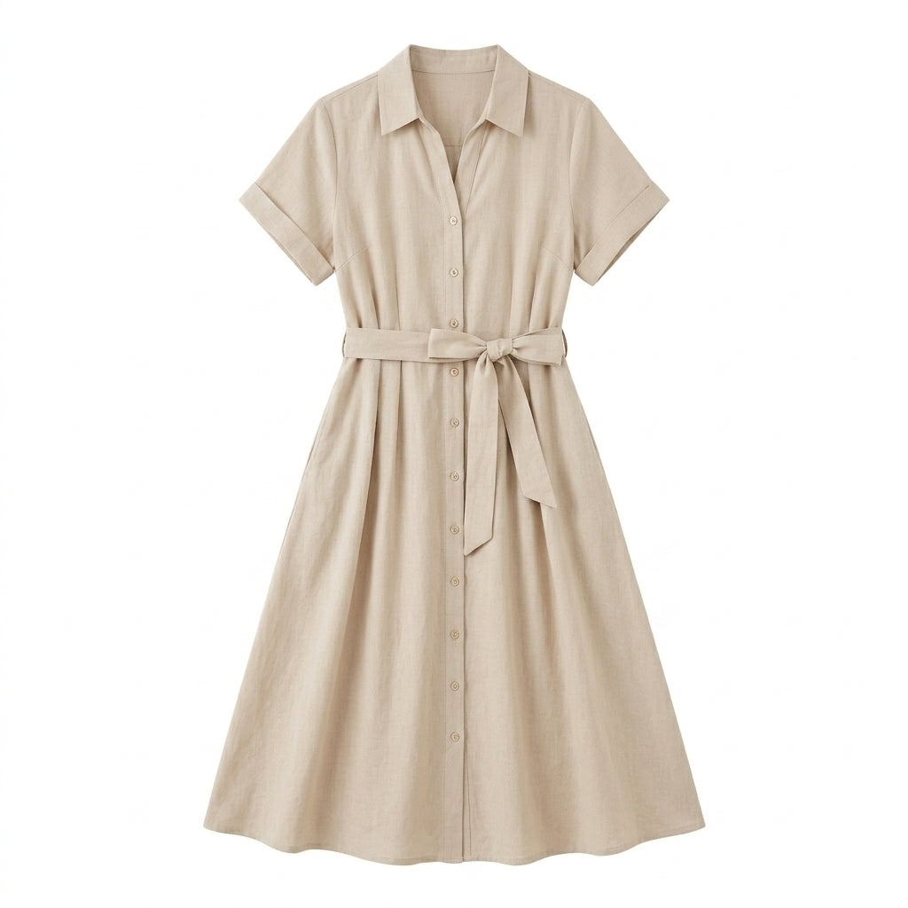 Lmieqvig™ Women's Belted Midi Shirt Dress – Collared Button Down Short Sleeve Casual A-Line Dress