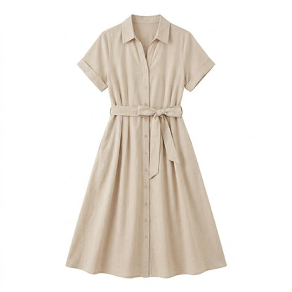 Lmieqvig™ Women's Belted Midi Shirt Dress – Collared Button Down Short Sleeve Casual A-Line Dress