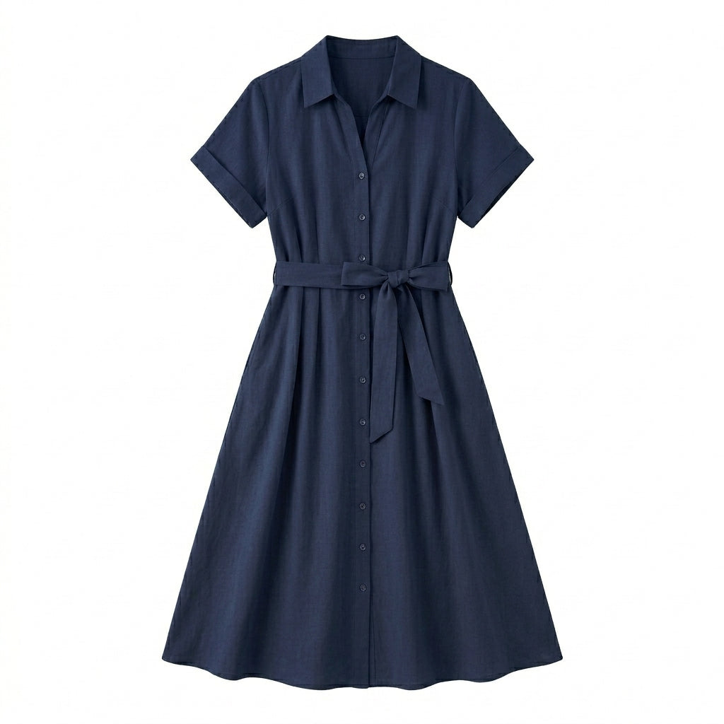Lmieqvig™ Women's Belted Midi Shirt Dress – Collared Button Down Short Sleeve Casual A-Line Dress