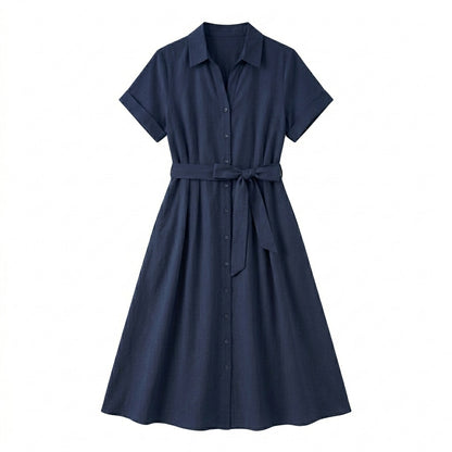 Lmieqvig™ Women's Belted Midi Shirt Dress – Collared Button Down Short Sleeve Casual A-Line Dress