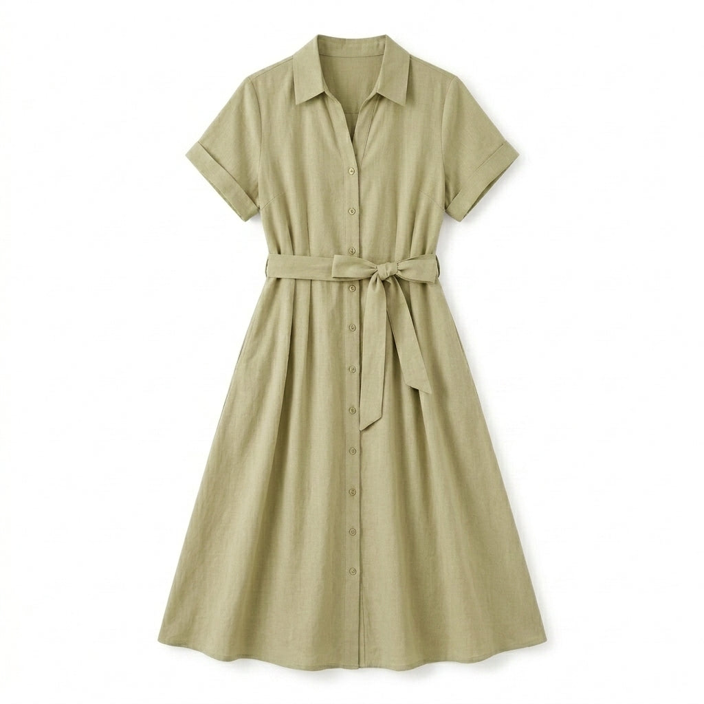Lmieqvig™ Women's Belted Midi Shirt Dress – Collared Button Down Short Sleeve Casual A-Line Dress