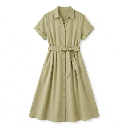 Lmieqvig™ Women's Belted Midi Shirt Dress – Collared Button Down Short Sleeve Casual A-Line Dress