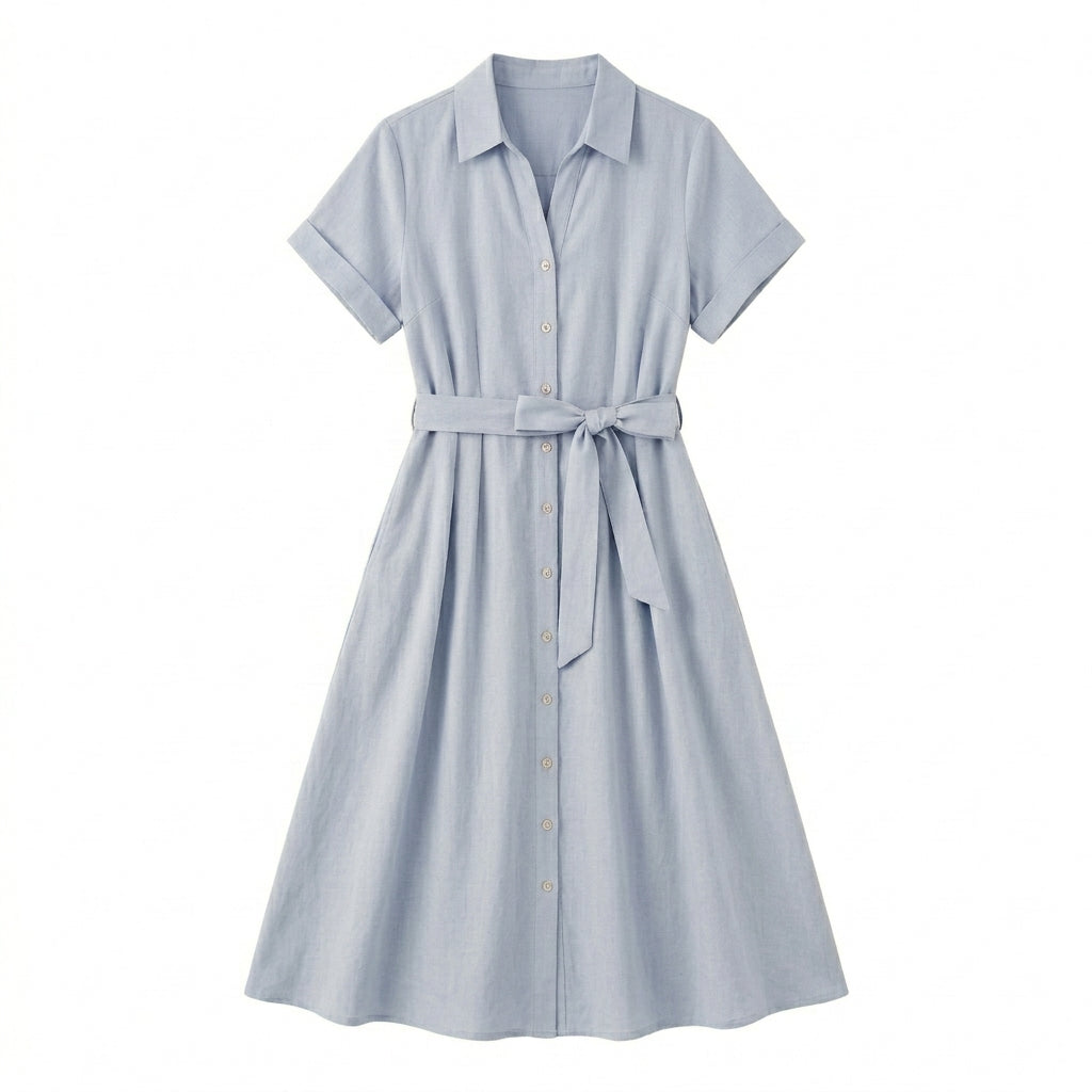 Lmieqvig™ Women's Belted Midi Shirt Dress – Collared Button Down Short Sleeve Casual A-Line Dress