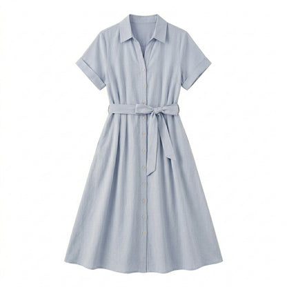 Lmieqvig™ Women's Belted Midi Shirt Dress – Collared Button Down Short Sleeve Casual A-Line Dress