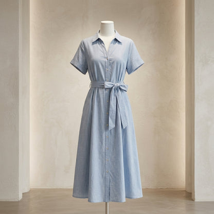 Lmieqvig™ Women's Belted Midi Shirt Dress – Collared Button Down Short Sleeve Casual A-Line Dress