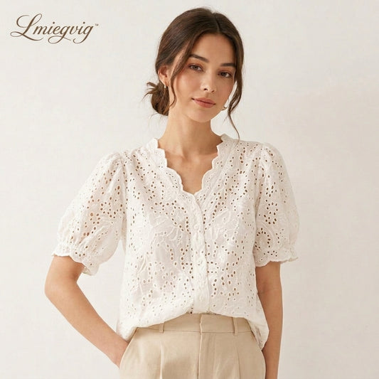 Lmieqvig™ Women's Eyelet Cotton Blouse – Scalloped Neck Short Sleeve Embroidered Casual Summer Top