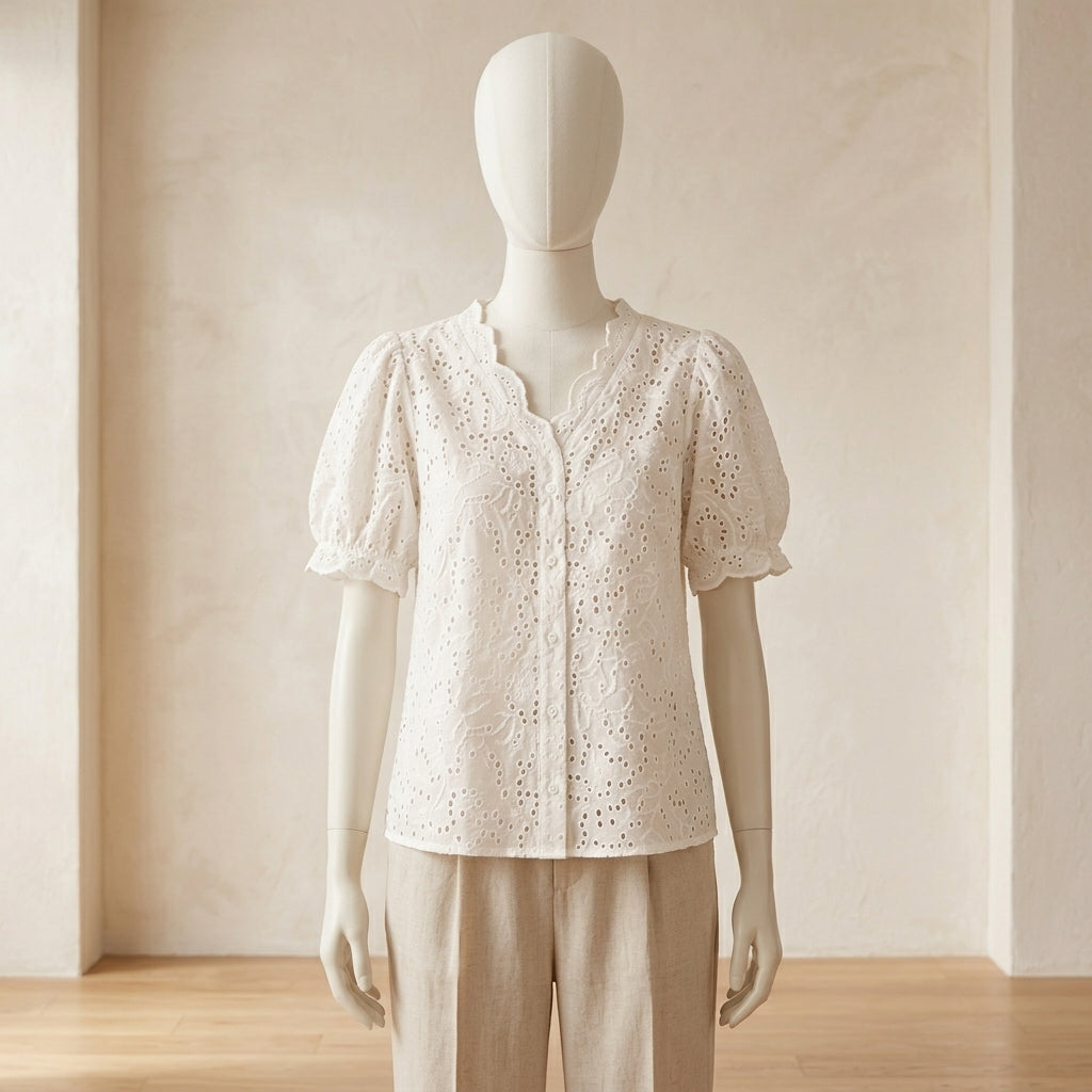 Lmieqvig™ Women's Eyelet Cotton Blouse – Scalloped Neck Short Sleeve Embroidered Casual Summer Top