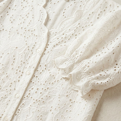 Lmieqvig™ Women's Eyelet Cotton Blouse – Scalloped Neck Short Sleeve Embroidered Casual Summer Top