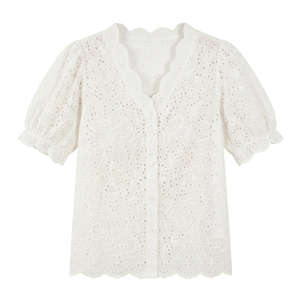 Lmieqvig™ Women's Eyelet Cotton Blouse – Scalloped Neck Short Sleeve Embroidered Casual Summer Top