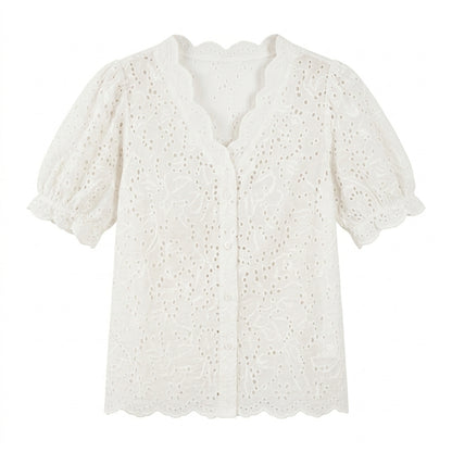 Lmieqvig™ Women's Eyelet Cotton Blouse – Scalloped Neck Short Sleeve Embroidered Casual Summer Top
