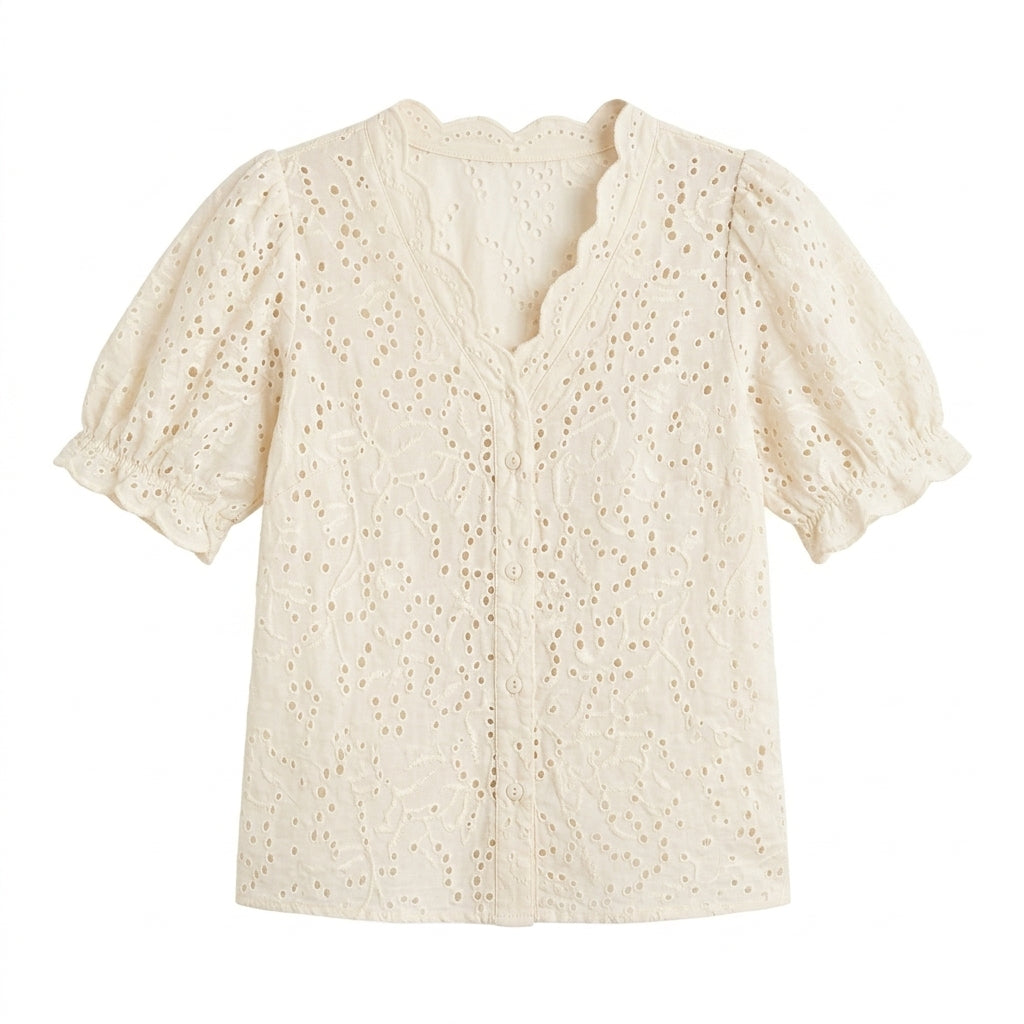 Lmieqvig™ Women's Eyelet Cotton Blouse – Scalloped Neck Short Sleeve Embroidered Casual Summer Top