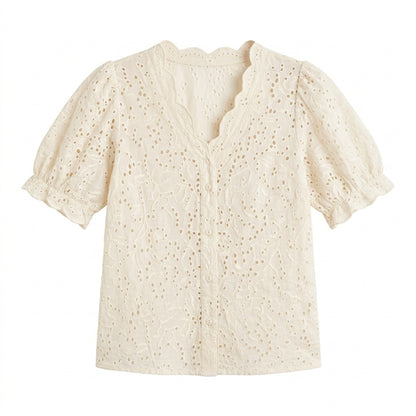 Lmieqvig™ Women's Eyelet Cotton Blouse – Scalloped Neck Short Sleeve Embroidered Casual Summer Top