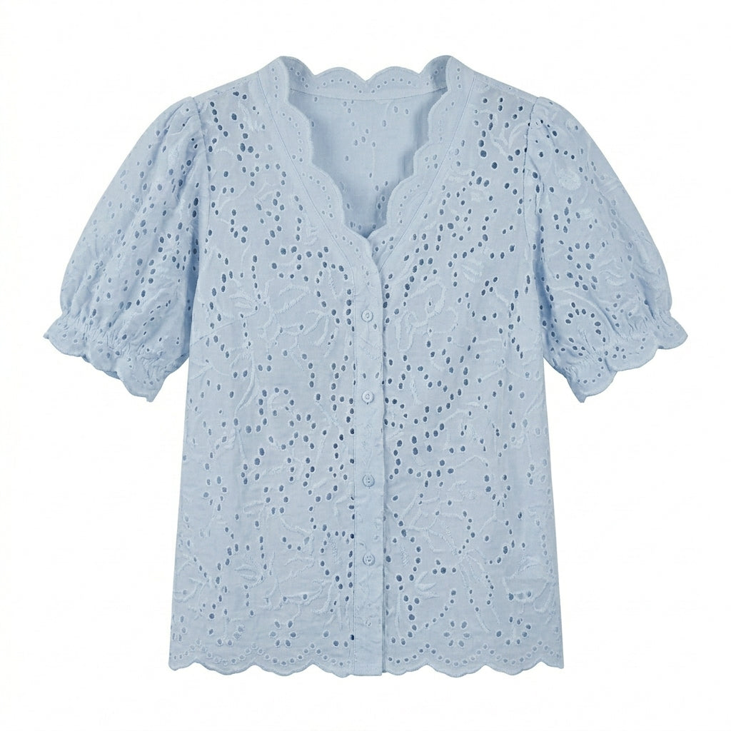Lmieqvig™ Women's Eyelet Cotton Blouse – Scalloped Neck Short Sleeve Embroidered Casual Summer Top