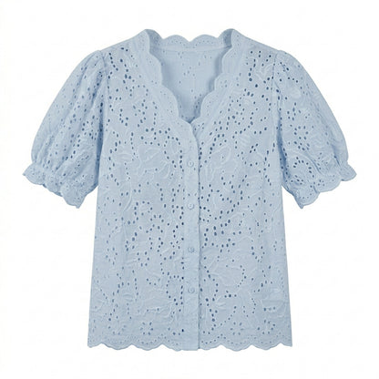 Lmieqvig™ Women's Eyelet Cotton Blouse – Scalloped Neck Short Sleeve Embroidered Casual Summer Top