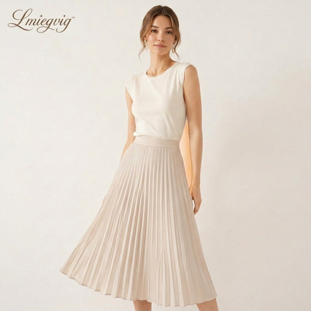 Lmieqvig™ Women's Pleated Midi Skirt – High Waist Flowing A-Line Elegant Casual Skirt